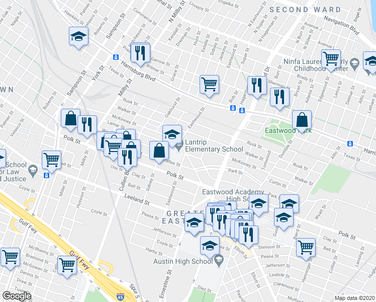 map of restaurants, bars, coffee shops, grocery stores, and more near 4405 Woodside Street in Houston