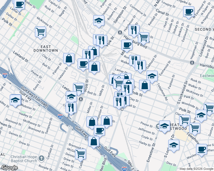 map of restaurants, bars, coffee shops, grocery stores, and more near 1306 Hussion Street in Houston