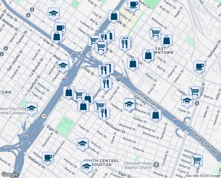 map of restaurants, bars, coffee shops, grocery stores, and more near 2102 Live Oak Street in Houston
