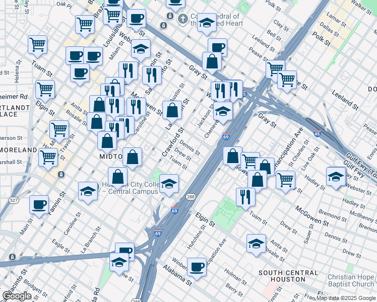 map of restaurants, bars, coffee shops, grocery stores, and more near 1620 Drew Street in Houston