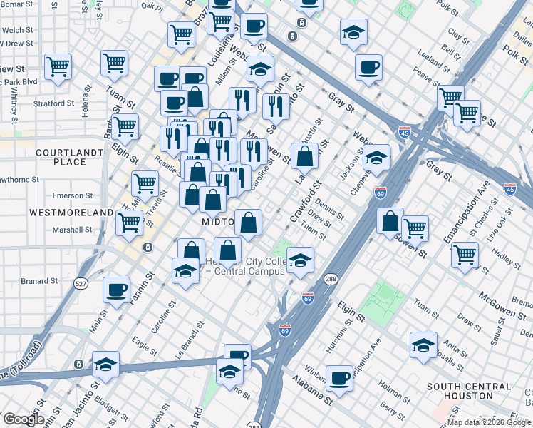 map of restaurants, bars, coffee shops, grocery stores, and more near 2917 La Branch Street in Houston
