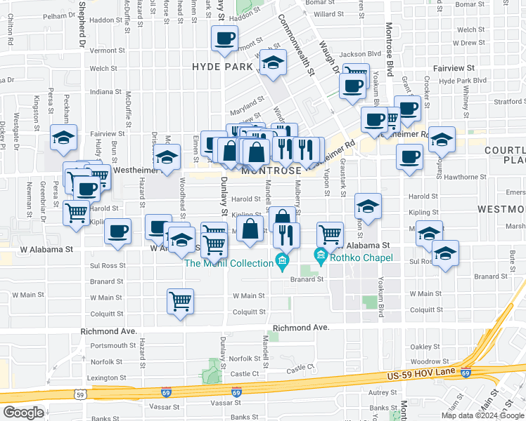 map of restaurants, bars, coffee shops, grocery stores, and more near 1612 Kipling Street in Houston