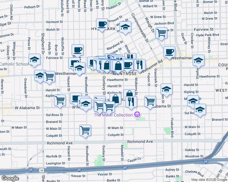 map of restaurants, bars, coffee shops, grocery stores, and more near 1612 Kipling Street in Houston