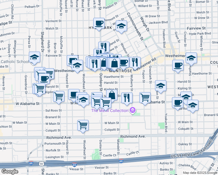 map of restaurants, bars, coffee shops, grocery stores, and more near 1704 Harold Street in Houston