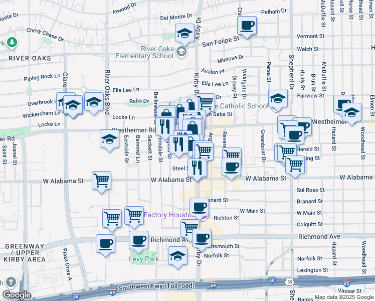 map of restaurants, bars, coffee shops, grocery stores, and more near 2800 Kirby Drive in Houston