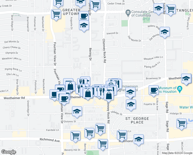 map of restaurants, bars, coffee shops, grocery stores, and more near 2420 Chimney Rock Road in Houston