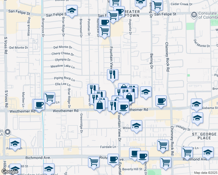 map of restaurants, bars, coffee shops, grocery stores, and more near 2630 Fountain View Drive in Houston