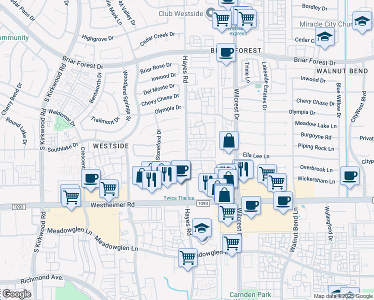 map of restaurants, bars, coffee shops, grocery stores, and more near 2301 Hayes Road in Houston