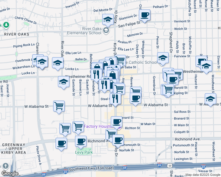map of restaurants, bars, coffee shops, grocery stores, and more near 2800 Kirby Drive in Houston