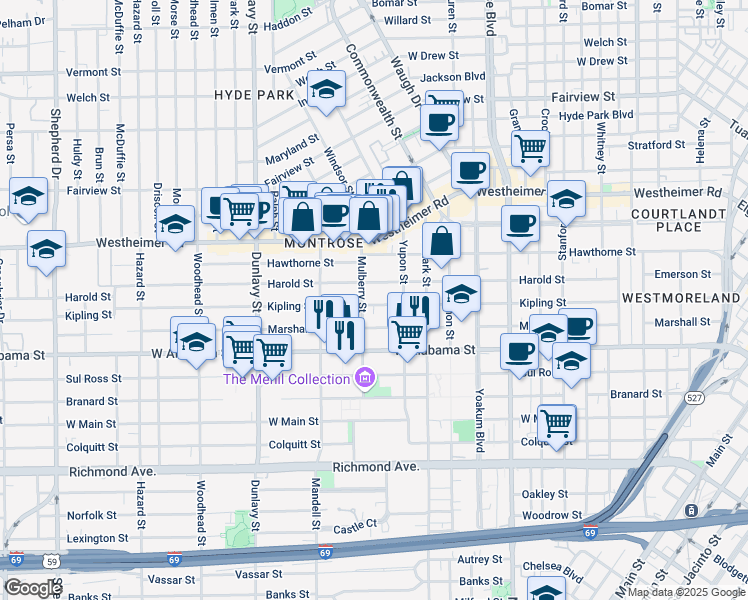 map of restaurants, bars, coffee shops, grocery stores, and more near 1422 Kipling Street in Houston