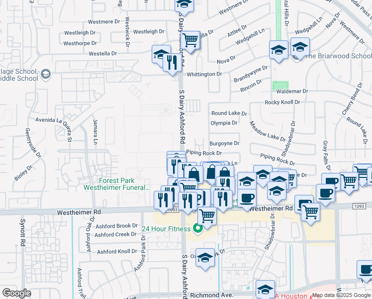 map of restaurants, bars, coffee shops, grocery stores, and more near 13 South Dairy Ashford Road in Houston