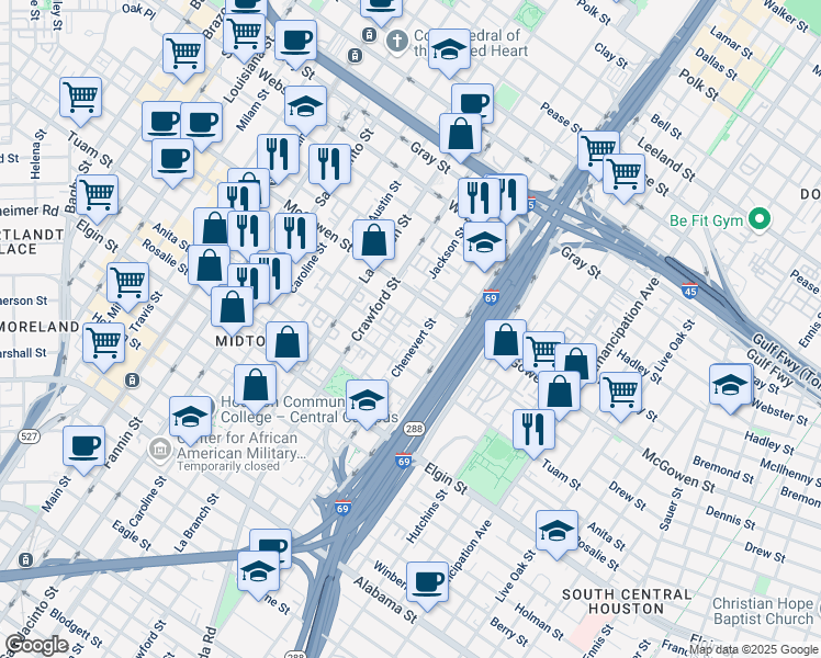 map of restaurants, bars, coffee shops, grocery stores, and more near 1620 Drew Street in Houston