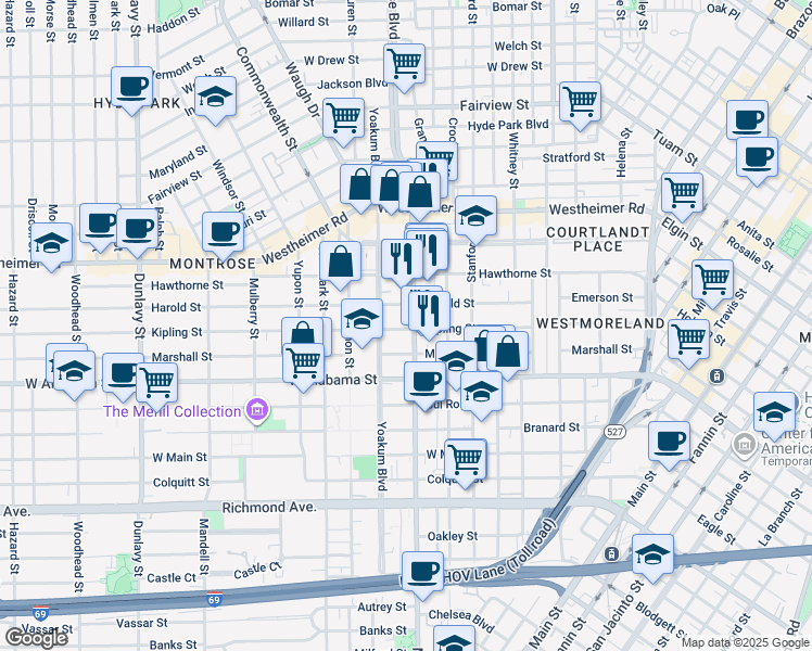 map of restaurants, bars, coffee shops, grocery stores, and more near 3584 Montrose Boulevard in Houston