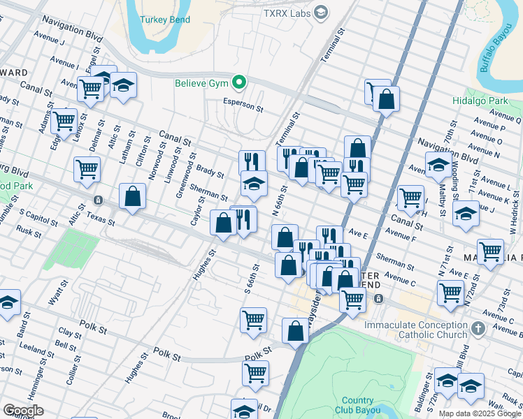 map of restaurants, bars, coffee shops, grocery stores, and more near 6513 Sherman Street in Houston