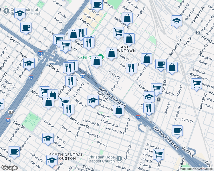 map of restaurants, bars, coffee shops, grocery stores, and more near 2821 Gulf Freeway in Houston