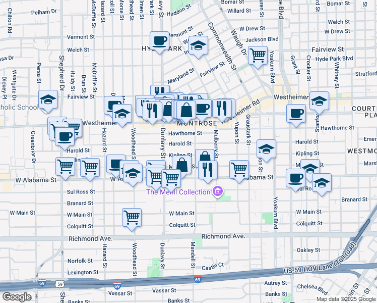 map of restaurants, bars, coffee shops, grocery stores, and more near 1612 Kipling Street in Houston