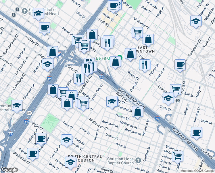 map of restaurants, bars, coffee shops, grocery stores, and more near 2618 Pierce Street in Houston