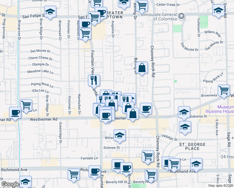 map of restaurants, bars, coffee shops, grocery stores, and more near 2525 Augusta Drive in Houston