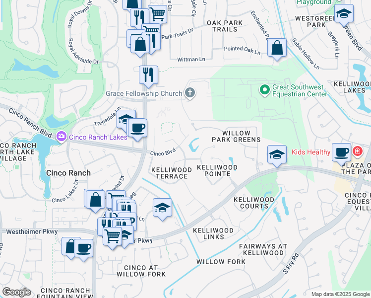 map of restaurants, bars, coffee shops, grocery stores, and more near 2919 Hollinwell Drive in Katy