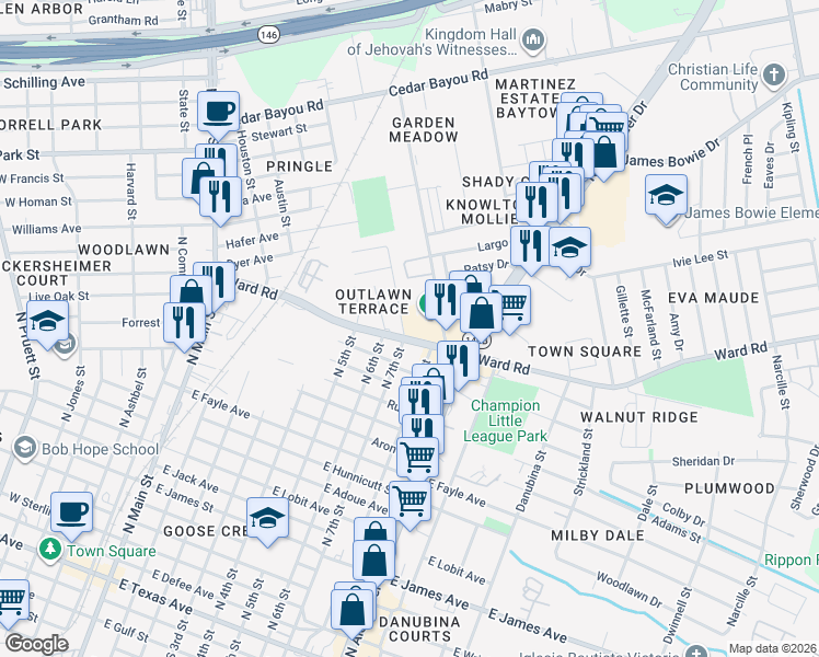 map of restaurants, bars, coffee shops, grocery stores, and more near 1600 North 7th Street in Baytown