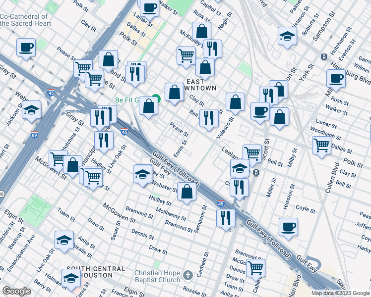 map of restaurants, bars, coffee shops, grocery stores, and more near 1813 Ennis Street in Houston