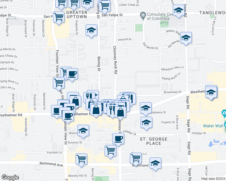 map of restaurants, bars, coffee shops, grocery stores, and more near 2420 Chimney Rock Road in Houston