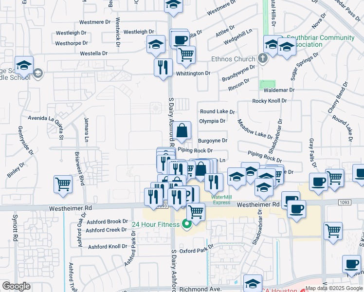map of restaurants, bars, coffee shops, grocery stores, and more near 12580 Piping Rock Drive in Houston