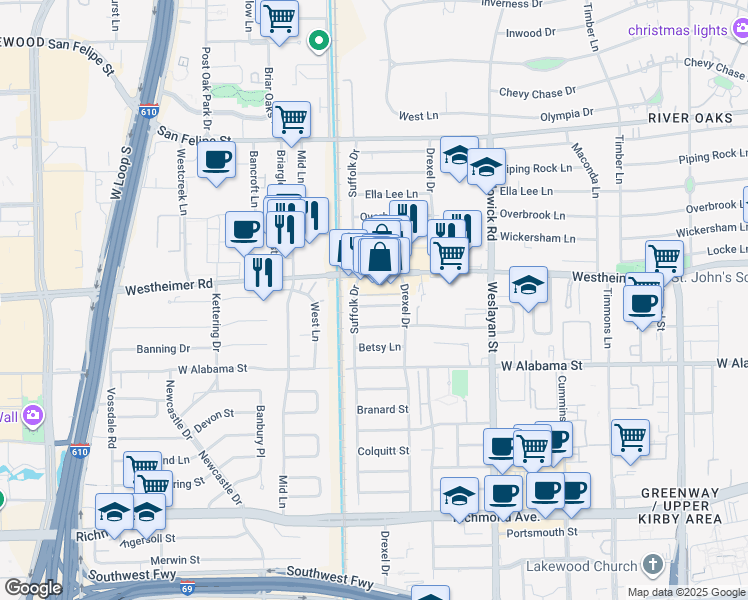 map of restaurants, bars, coffee shops, grocery stores, and more near 4010 Chatham Lane in Houston