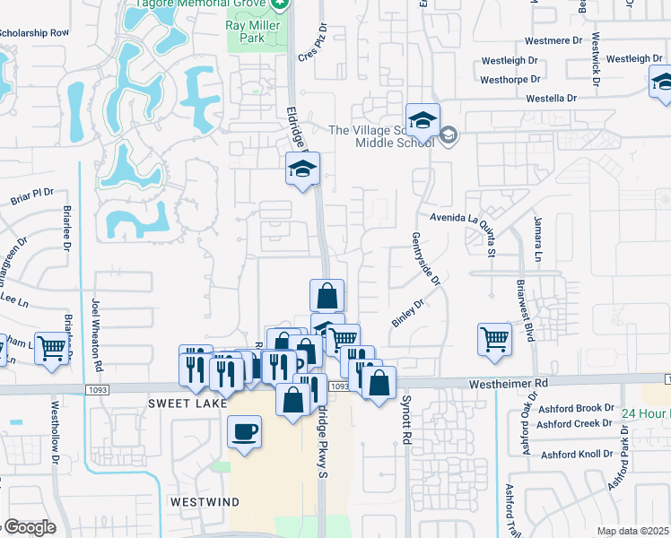 map of restaurants, bars, coffee shops, grocery stores, and more near 2323 Eldridge Parkway in Houston
