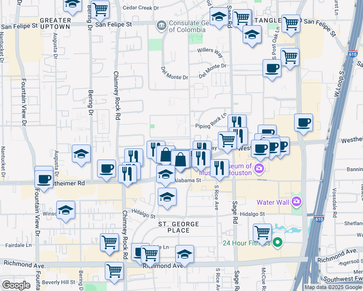 map of restaurants, bars, coffee shops, grocery stores, and more near 5400 Westheimer Court in Houston