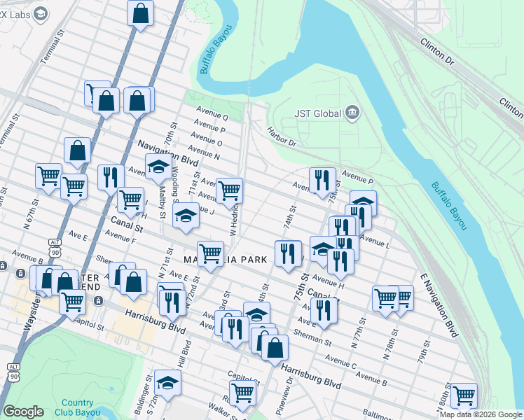 map of restaurants, bars, coffee shops, grocery stores, and more near 7250 Avenue K in Houston