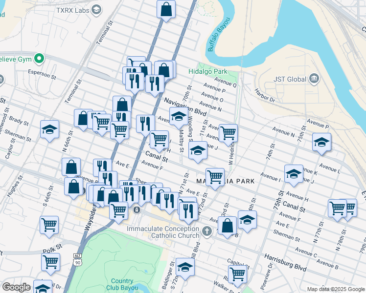 map of restaurants, bars, coffee shops, grocery stores, and more near 7017 Avenue H in Houston