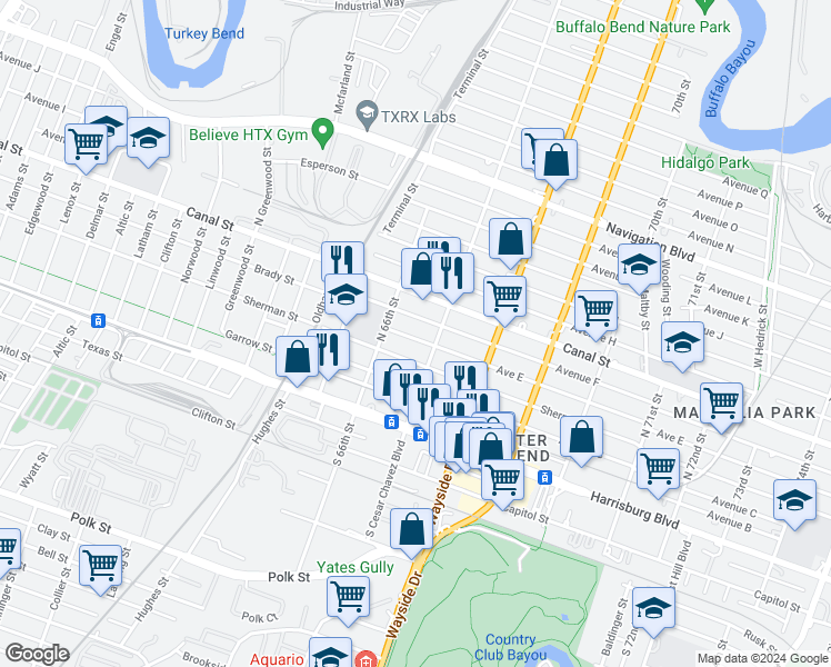 map of restaurants, bars, coffee shops, grocery stores, and more near 6616 Avenue E in Houston