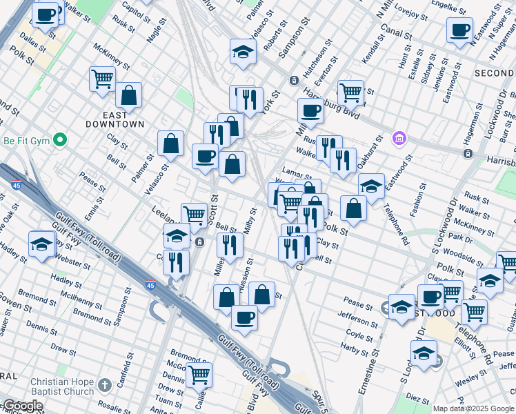map of restaurants, bars, coffee shops, grocery stores, and more near 1314 Milby Street in Houston