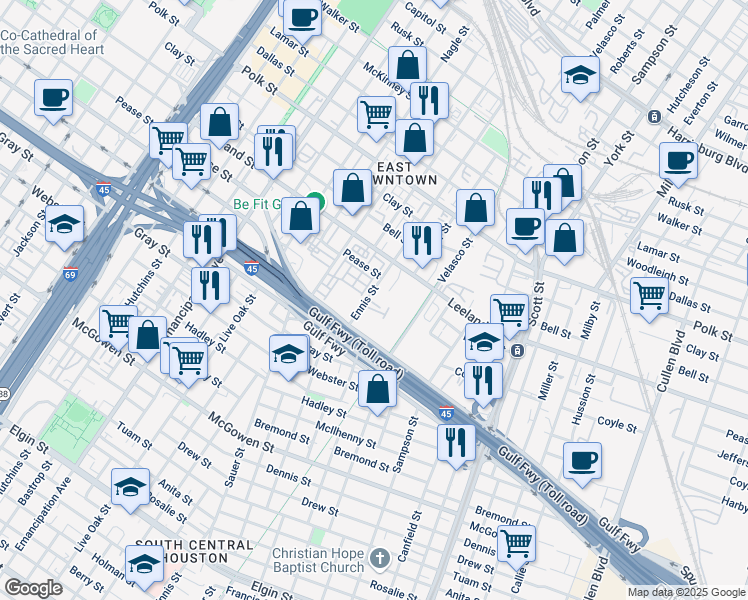 map of restaurants, bars, coffee shops, grocery stores, and more near 1813 Ennis Street in Houston