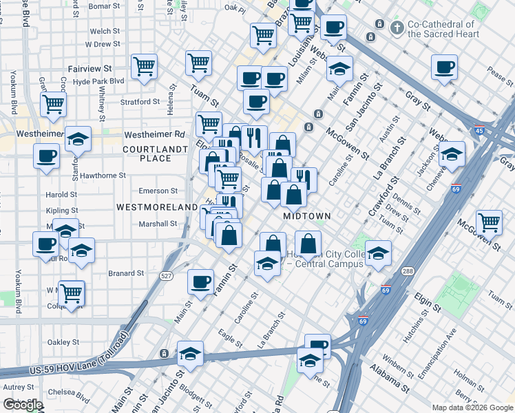 map of restaurants, bars, coffee shops, grocery stores, and more near 3303 Main street in Houston