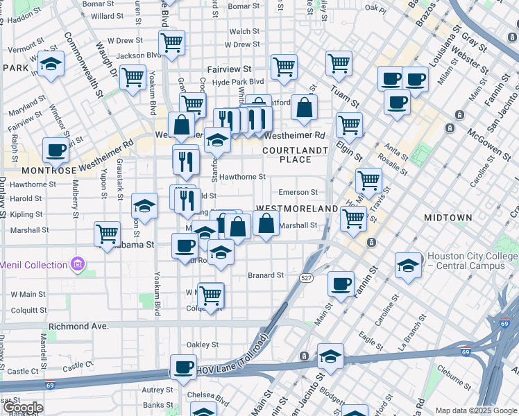 map of restaurants, bars, coffee shops, grocery stores, and more near 3602 Audubon Place in Houston
