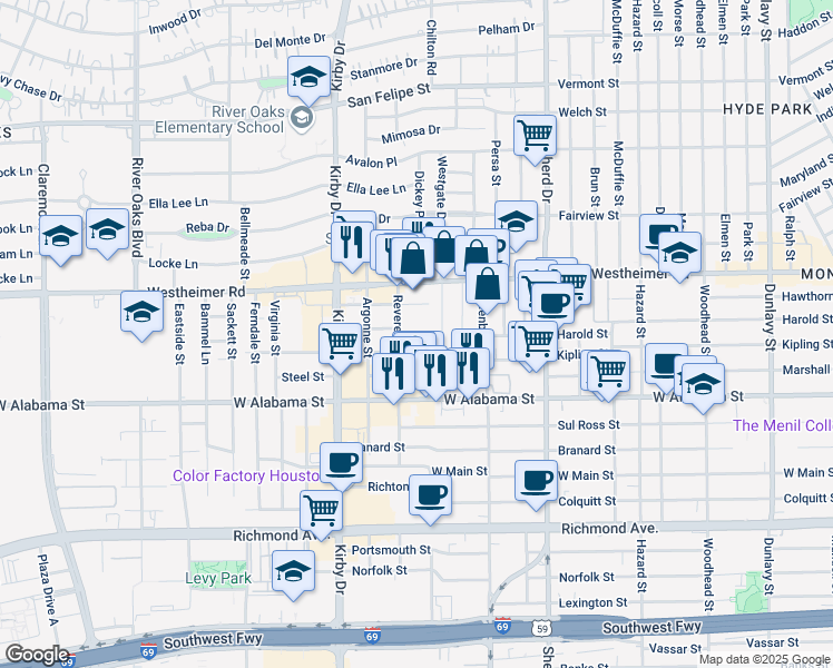 map of restaurants, bars, coffee shops, grocery stores, and more near 2752 Westgate Drive in Houston