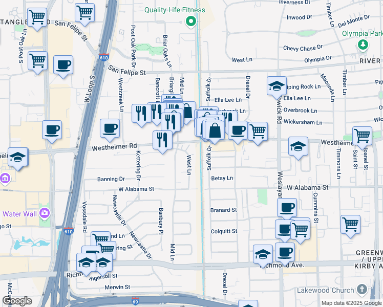 map of restaurants, bars, coffee shops, grocery stores, and more near 2628 West Lane in Houston