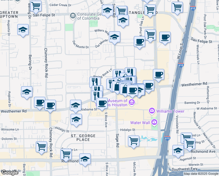 map of restaurants, bars, coffee shops, grocery stores, and more near in Houston