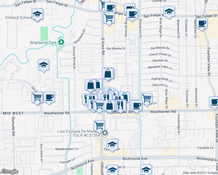 map of restaurants, bars, coffee shops, grocery stores, and more near 2505 South Voss Road in Houston