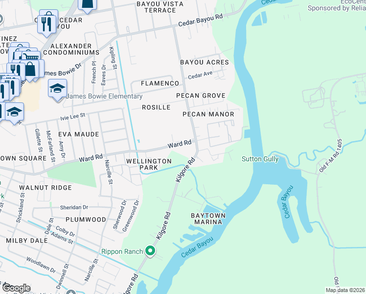 map of restaurants, bars, coffee shops, grocery stores, and more near 2501 Ward Road in Baytown