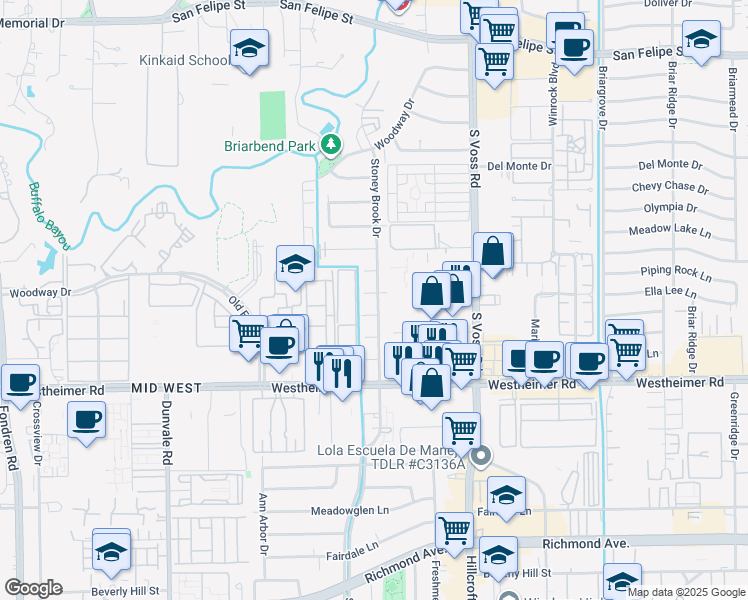 map of restaurants, bars, coffee shops, grocery stores, and more near 2507 Stoney Brook Drive in Houston