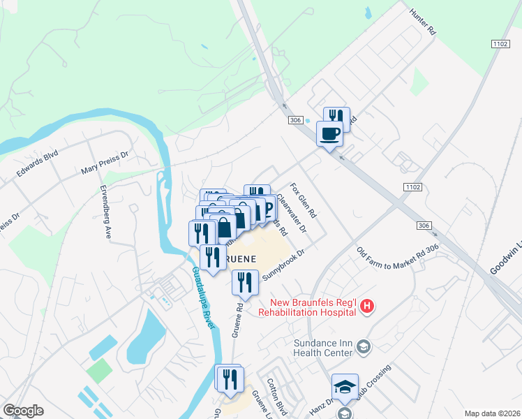 map of restaurants, bars, coffee shops, grocery stores, and more near 1724 Hunter Road in New Braunfels