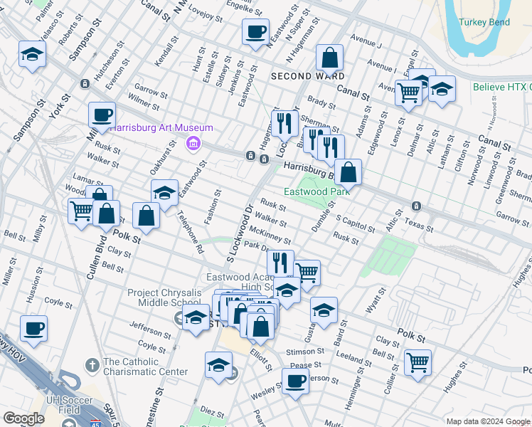 map of restaurants, bars, coffee shops, grocery stores, and more near 4619 Walker Street in Houston