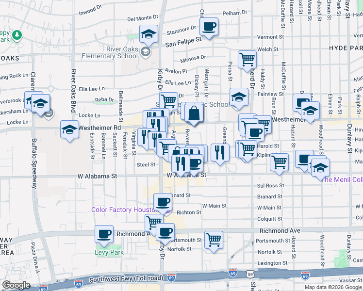 map of restaurants, bars, coffee shops, grocery stores, and more near 2814 Revere Street in Houston