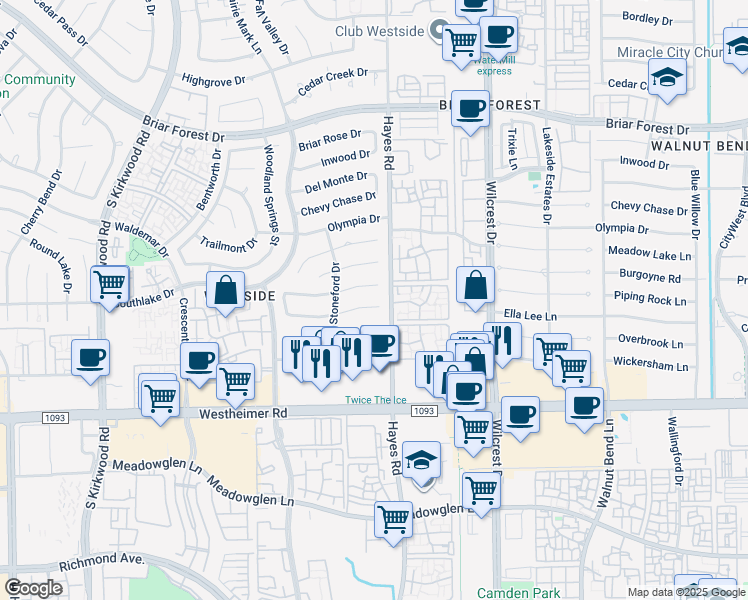 map of restaurants, bars, coffee shops, grocery stores, and more near 11310 Ella Lee Drive in Houston