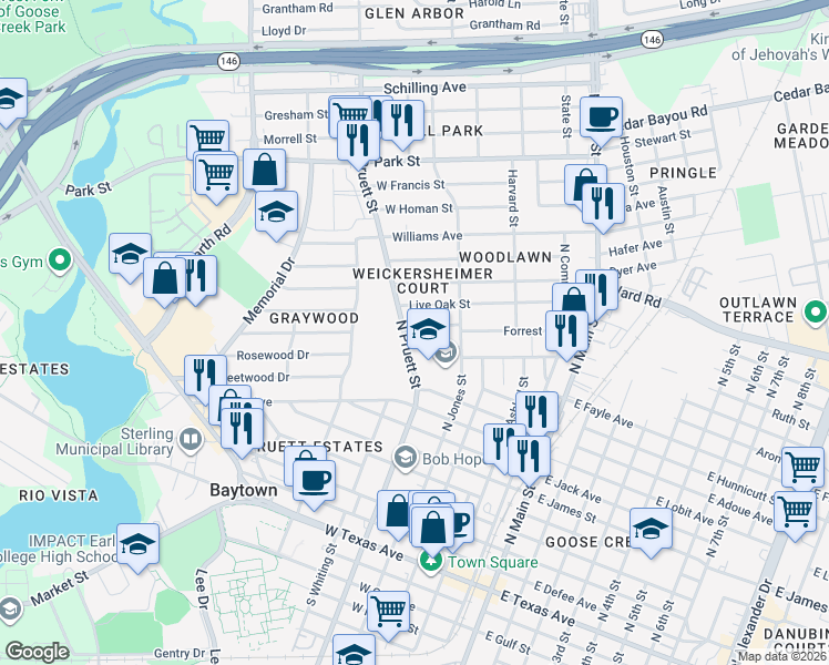 map of restaurants, bars, coffee shops, grocery stores, and more near 1000 North Pruett Street in Baytown
