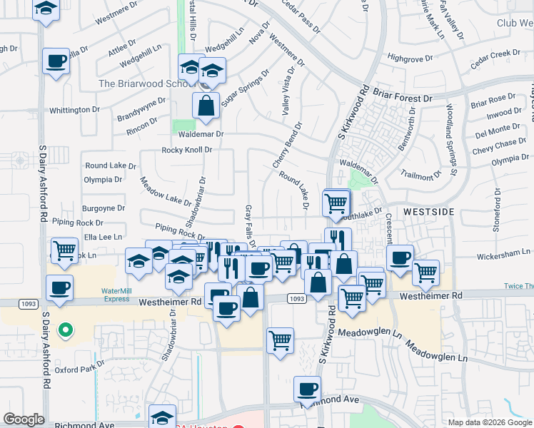 map of restaurants, bars, coffee shops, grocery stores, and more near 2302 Silver Sage Drive in Houston