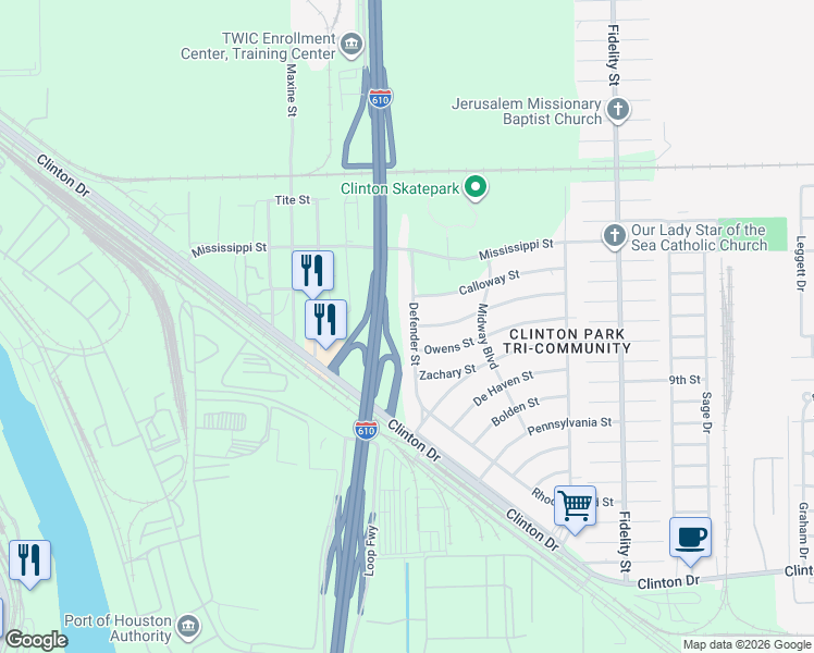 map of restaurants, bars, coffee shops, grocery stores, and more near 102 Georgia Street in Houston